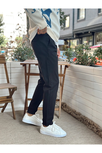 manch collection İtalyan Kesim Beli İpli Gabardin Pantolon Siyah