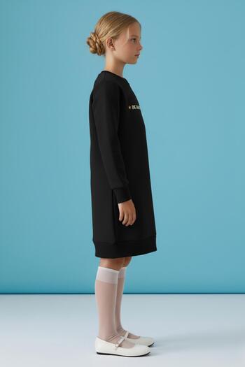 Perendi Girl's Crew Neck Embroidery Detailed Fleece Lined Dress Black