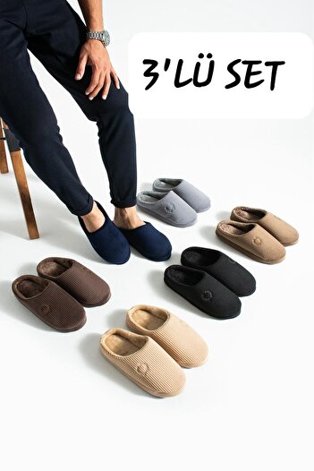 RedPlay Set of 3 Men's House Slippers Gondol Corduroy Embroidered Soft Silent Sole Winter Slippers
