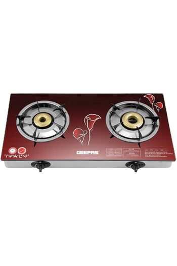 Generic Geepas-Gas Cooker, 2 Burner Glass Top Gas Stove, GK5602 | Stainless Steel Frame & Tray | Auto Piezo