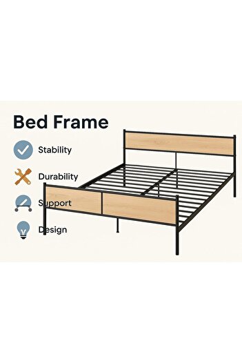 Crestj Wooden bed with metal frame 140 x 190