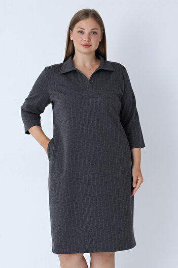 İntensive Anthracite Stripe Patterned Polo Neck Pocketed Jacquard Three Quarter Sleeve Women's Plus Size Dress