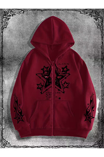 Touz Moda Gothic Star Design Oversize Fermuarlı Siyah Unisex Kapüşonlu Hırka