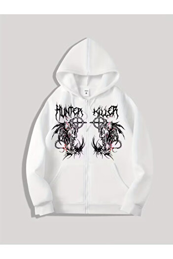 Touz Moda Gothic Design Oversize Fermuarlı Siyah Unisex Kapüşonlu Hırka