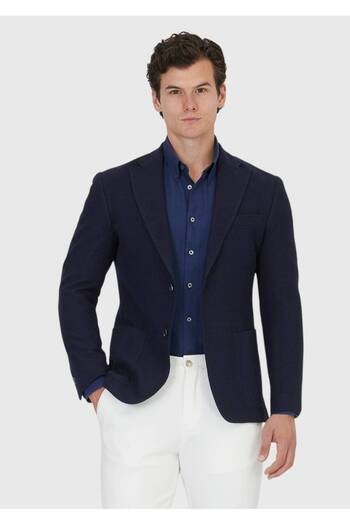 Ramsey Navy Blue Plain Shirt Shoulder Slim Fit Cotton Blend Knitted Jacket