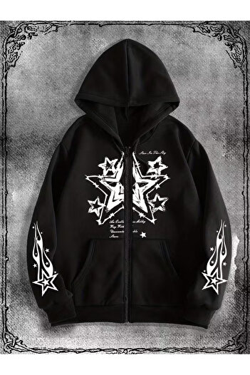Touz Moda Gothic Star Design Oversize Fermuarlı Siyah Unisex Kapüşonlu Hırka