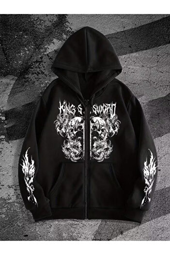 Touz Moda Gothic Design Oversize Zippered Black Unisex Hooded Cardigan