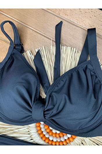 VAJESTO Kadın Siyah Likralı Esnek Şık Rahat Büyük Beden Telli Balenli Toparlayıcı Yüksek Bel Bikini Takım