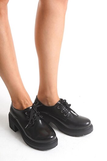 serkanseyyid K-707 Black Wrinkled Patent Leather High-Sole Lace-Up Loafer Shoes