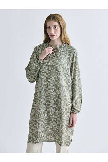 LC Waikiki Khaki Ruffled Tie Neck Patterned Women's Tunic