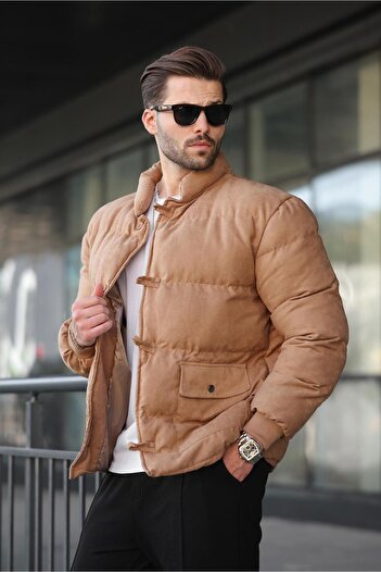 Madmext Camel Buttoned Stand Collar Men's Puffer Jacket E7435