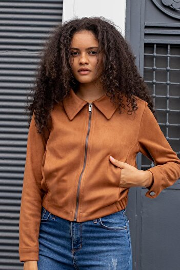Jument Women's Lightweight Lycra Suede Fabric Collared Zippered Short Jacket with Elastic Back and Pockets - Tan