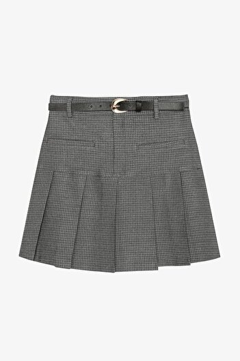 Quzu Houndstooth Patterned Belted Mini Skirt Gray