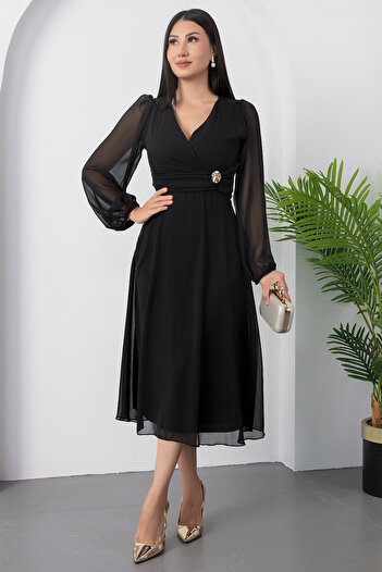 PULLIMM Double Breasted Collar Waist Buckle Long Sleeve Chiffon Dress 2025-4329