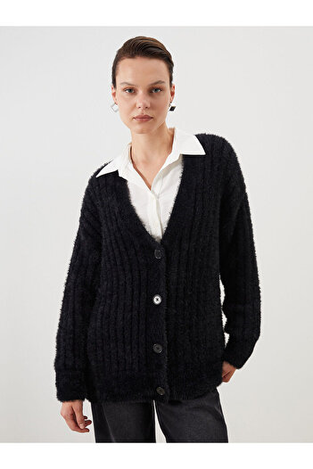 LC Waikiki Black V-Neck Women's Plush Knitwear Cardigan