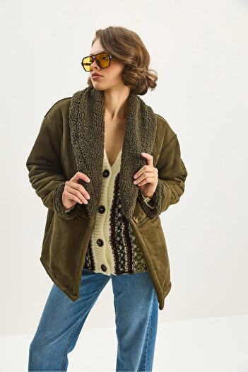 Bianco Lucci Women's Fur Lined Pocket Detailed Shawl Collar Suede Coat 2656 60283560