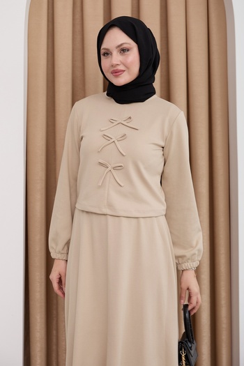 InStyle Modal Ribbon Detail Skirted Light Beige Suit