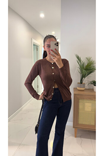BİRCANÇİL Nunsa Brown Glitter Long Sleeve Cardigan