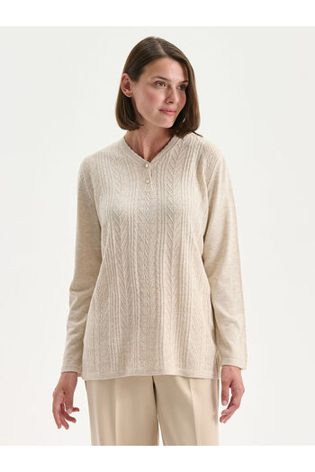 LC Waikiki Beige V-Neck Self-Patterned Women's Knitwear Sweater