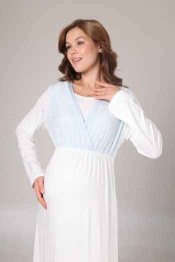 LOHOUSE Women's Blue Shawl Collar Double-Breasted Maternity Nightgown-Robe Set of 2