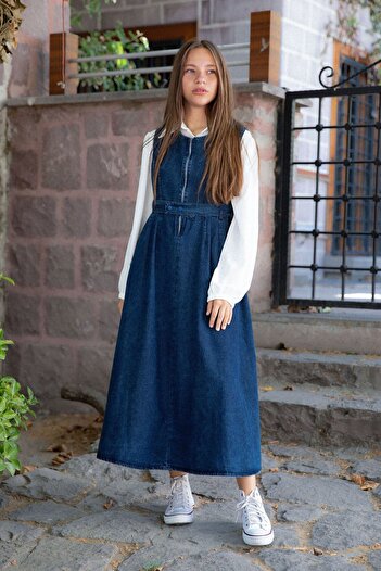 Cansın Mini Blue Zippered Front Classic Shirt Girl's Belted Jean Dress 22737