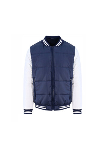 just hoods Men's quilted jacket, varsity puffer, Just Hoods, navy blue with white