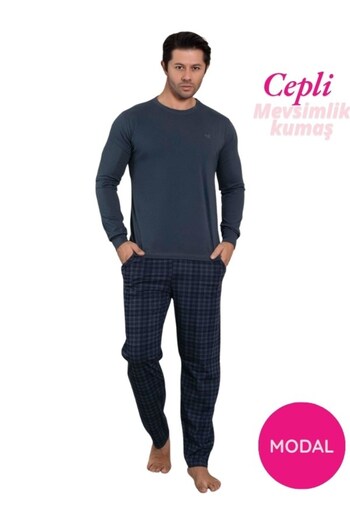 bie's Men's Crew Neck Buttonless Plaid Pattern Modal Seasonal Long Sleeve Cuffed Pocketed Pajama Set