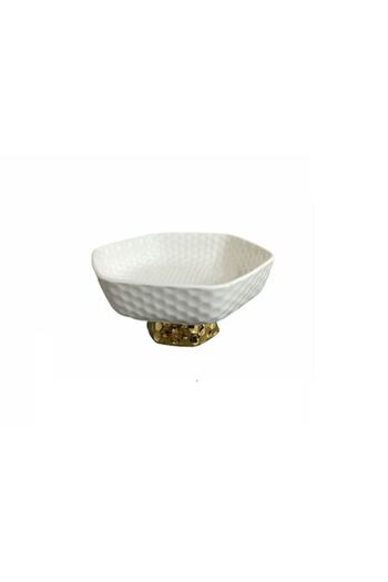 OEM Ceramic Bowl, White with Gold Stand, 21x19.5x9.5 cm
