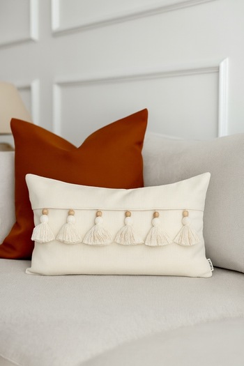 Cozy & Soft Set of 2 Tile Color and Cream Tassel Throw Pillow Covers