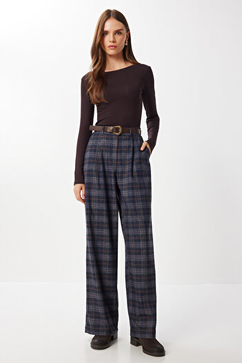 Lovelyİstanbul Belted Checked Polyviscon Trousers Lrg0049 Dark Blue