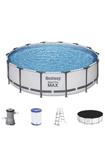 BESTWAY Round Metal Frame Pool with Filter, Pump, Ladder, Cover, Gray, 427x107 cm, Steel Pro