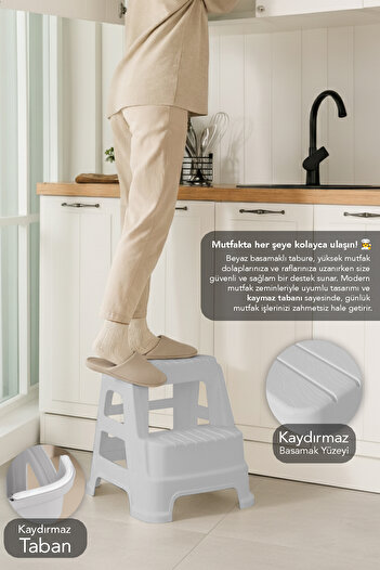 Meleni Home Büyük Boy 2 Basamaklı Merdiven Tabure - Kaydırmaz Tabanlı Çok Amaçlı Basamak Tabure Gri