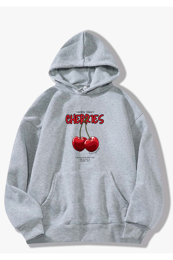SUNFREE Popular Trend Cherry Printed Hooded Grey Sweatshirt
