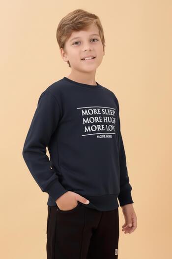 Perendi Unisex Children's Crew Neck Sweatshirt with Print Detail and Fleece Inside – Navy Blue