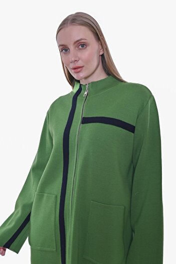 Invee Striped Zippered Knitwear Wool Cardigan Green