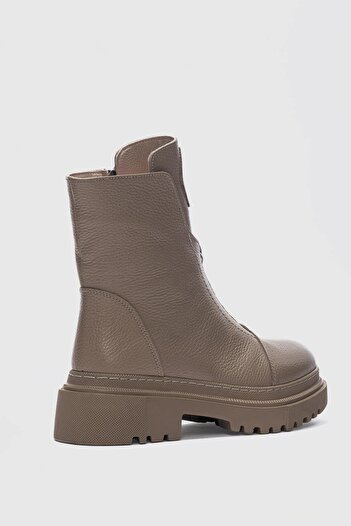 selinshoes Mena Genuine Leather Blunt Toe Women's Boots with Zipper Accessory on the Front - Mink