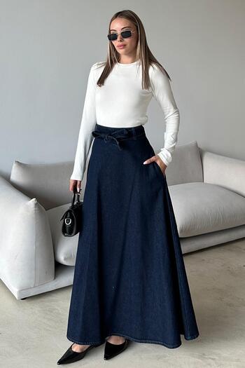 Olcay Beli Belted Denim Bell Long Skirt Dark Blue 7064