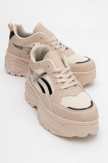 CCWAY AYAKKABI Women's Lace-Up Anorak Sneakers Beige Black