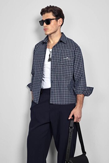 ablukaonline Men's Oversize Plaid Long Sleeve Shirt Navy Blue