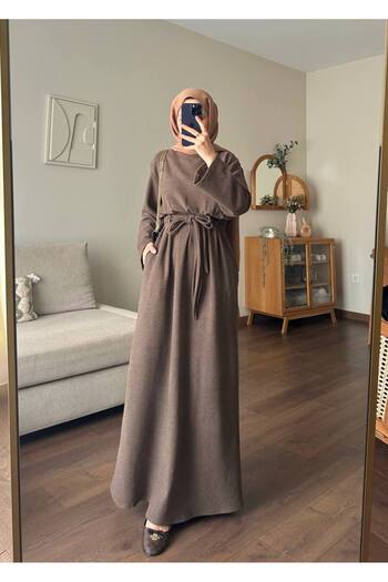 Molly Nelly Women's Soft Long Dress with Pleated Front and Lace Detail
