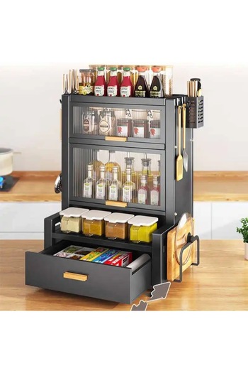 Un Multi-purpose kitchen organizer with shelves for storing spices, seasonings, and cooking tools, black