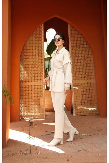 QUAWEAR Shirt Collar Flap Top Pocket Belted Button Closure Tunic and Pants Knitted Fabric Two-Piece Set