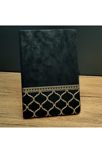 PERİBOİA Gold Embroidered Black Leather Notebook