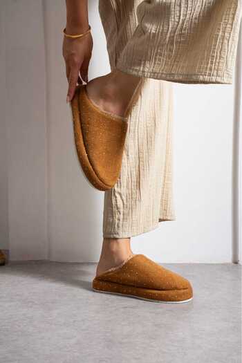 NOVİNS Women's Fur-Lined Stylish Stone-Embroidered Warm-Lined House Slippers Bohça Dowry Slippers