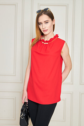 UNIQUE LADY Women's Ruffle Neckline Sleeveless Blouse with Pearl and Chain Detailing - Multiple Color Options