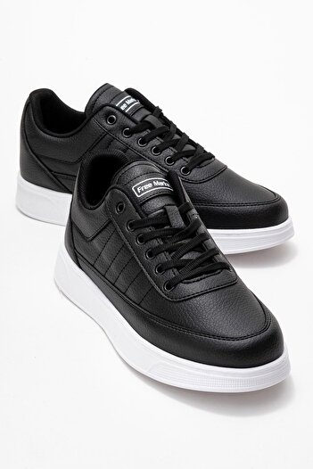 CCWAY AYAKKABI Men's Lace-Up Sneakers with Side Stitching; Black White