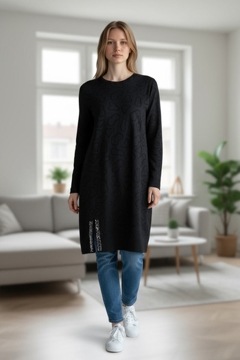 ECE GİYİM Women's Front Printed Skirt with Beaded Side Hem and Low Sleeve Tunic