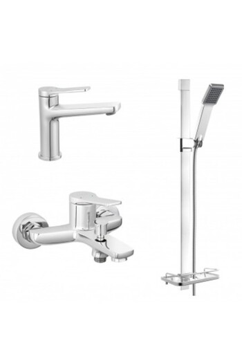 FERRO STRATOS 3in1 Set Stand-alone washbasin mixer + Wall-mounted bathtub/shower mixer + Shower set with 1-function shower head