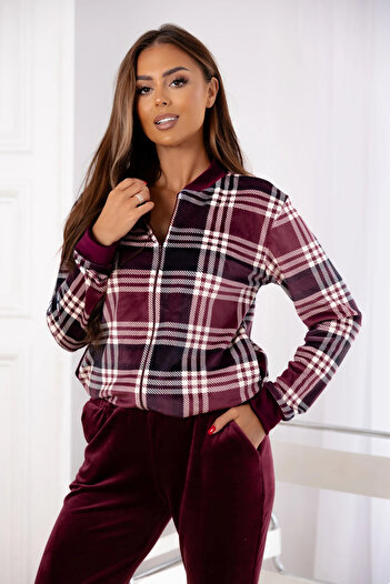 UniqueStore.ro Velvet burgundy tracksuit with plaid jacket and tapered pants