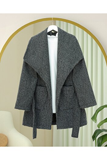 Modamorfo Wide Collar Waist Belted Pocketed Cashmere Coat - Anthracite